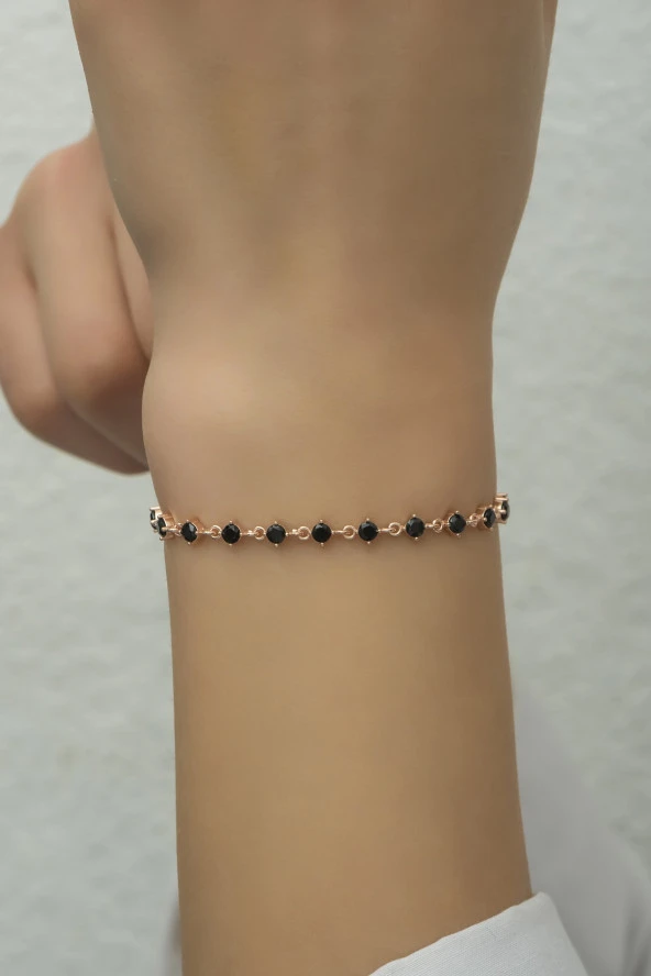 925 Ayar Gümüş Rose Sıralı 3 mm Siyah Taşlı Bileklik - Resim 2