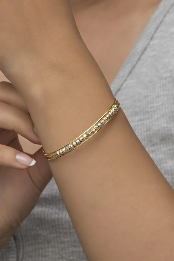 925 Ayar Minik Dorika Toplu Tasarım Gold 3 Sıra Bileklik Gümüş Bilezik ürün görseli