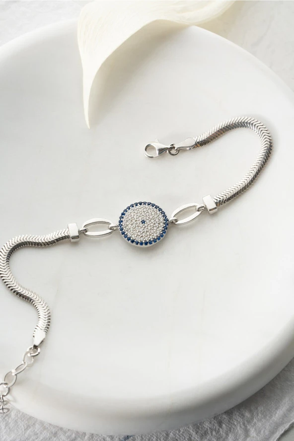 925 Ayar Gümüş Balık Sırtı Model Zincirli Nazar Bileklik ürün görseli