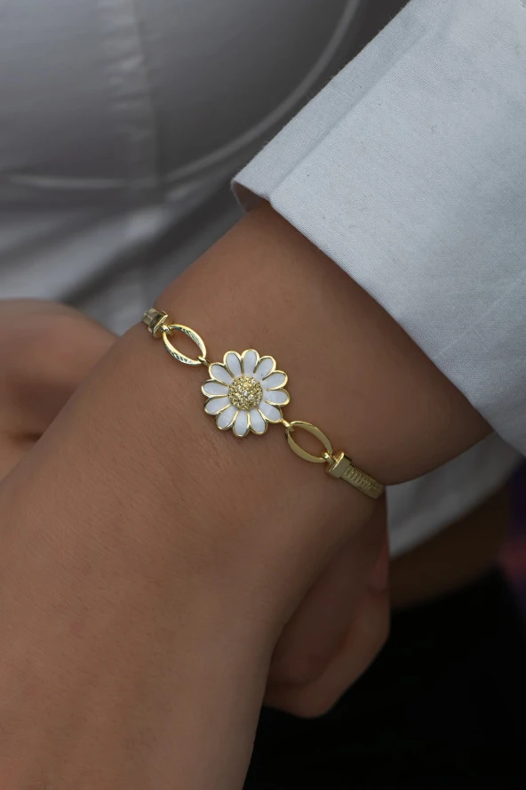 925 Ayar Gümüş Gold Kaplama Balık Sırtı Model Papatya Bileklik