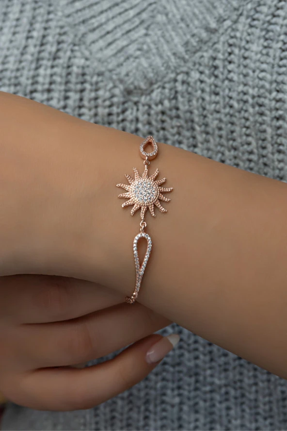 925 Ayar Gümüş Kelepçe Model Zirkon Taşlı Güneş Model Bileklik - Resim 2