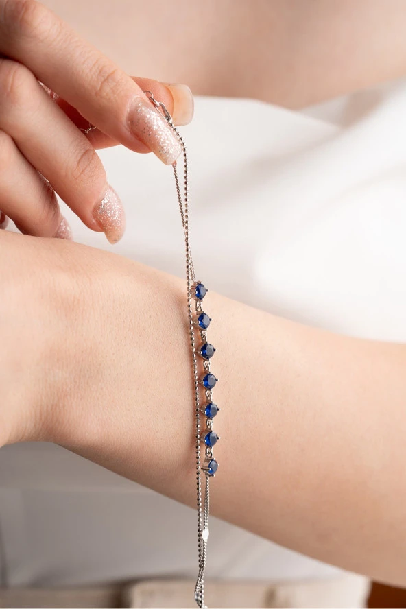 925 Ayar Gümüş Rodyum Kaplama Mavi Zirkon Taşlı Çift Sıra İtalyan Zincirli Bileklik ürün görseli