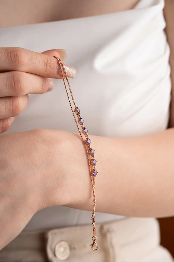 925 Ayar Gümüş Rose Kaplama Mor Zirkon Taşlı Çift Sıra İtalyan Zincirli Bileklik ürün görseli