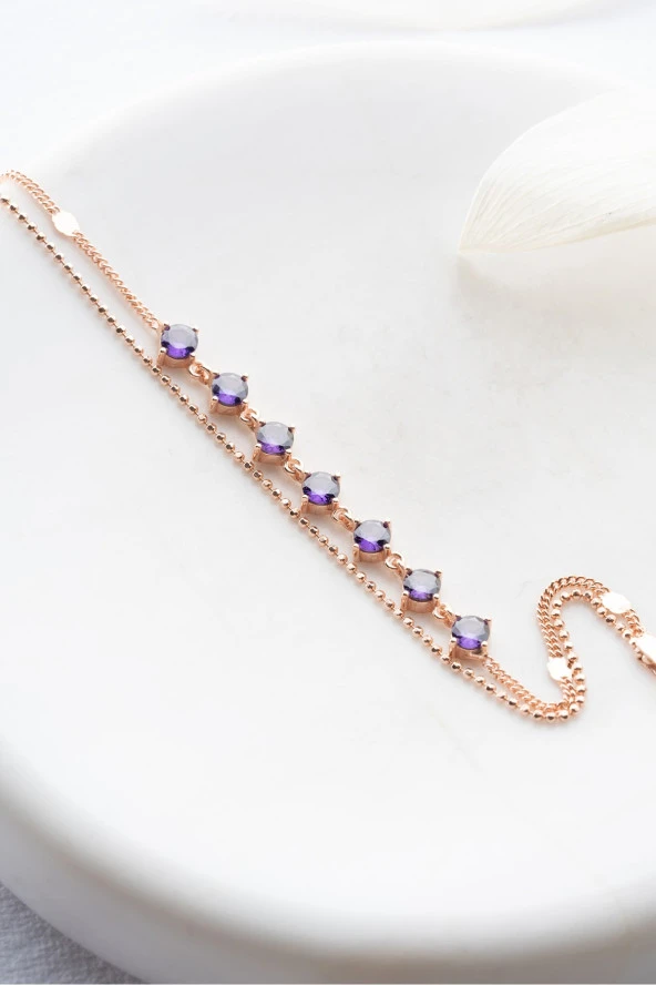 925 Ayar Gümüş Rose Kaplama Mor Zirkon Taşlı Çift Sıra İtalyan Zincirli Bileklik - Resim 2