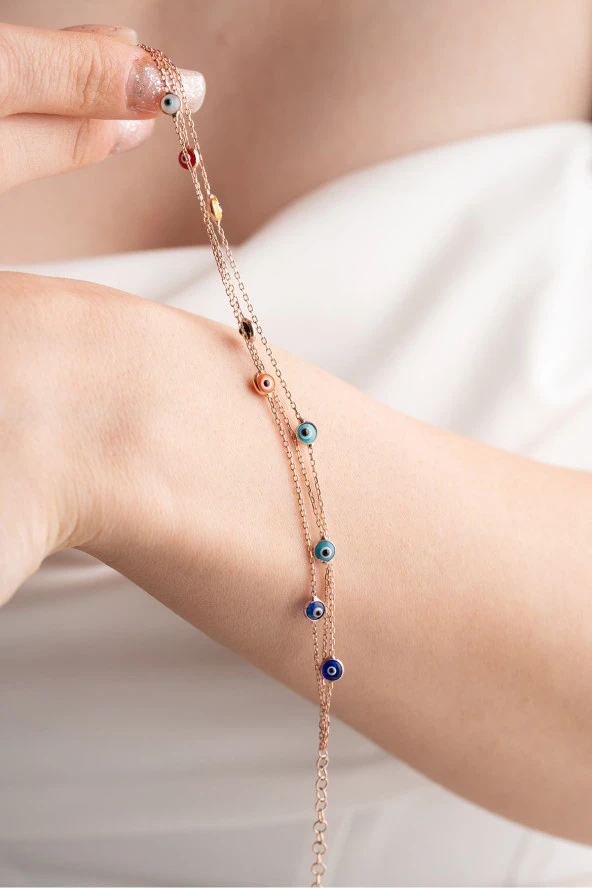 925 Ayar Gümüş Rose Mix Renkli 3 Sıra Zincirli Nazar Göz Bileklik ürün görseli