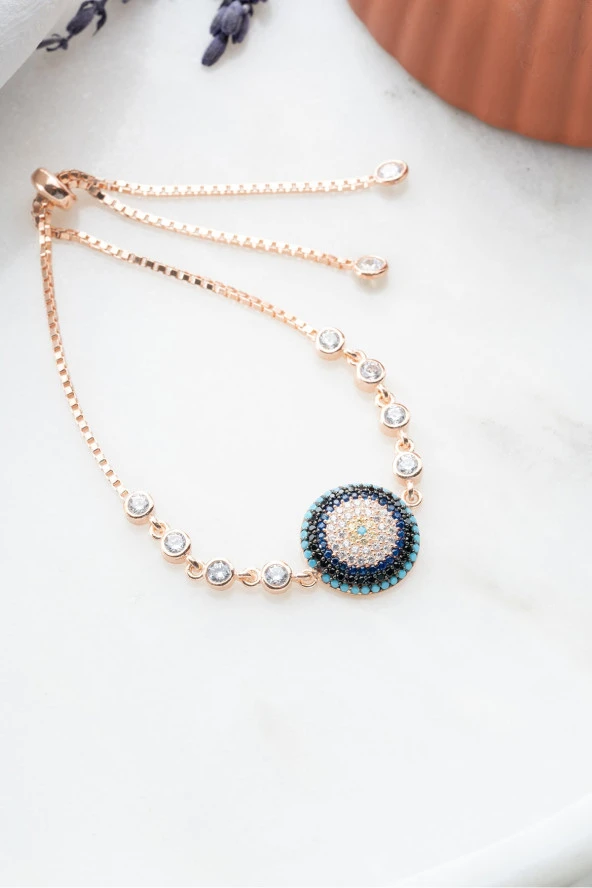 925 Ayar Gümüş Rose Ayarlanabilir Asansörlü Nazar Bileklik ürün görseli