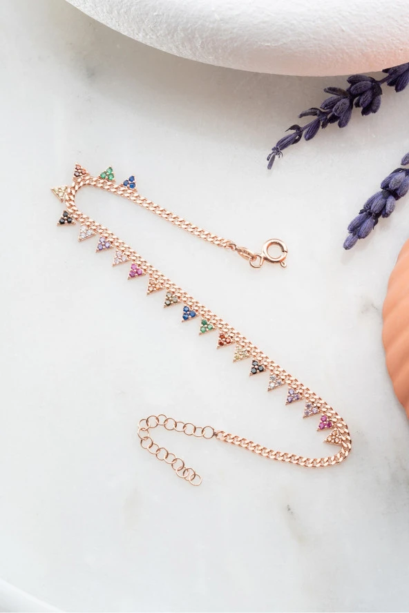 925 Ayar Gümüş Rose Renkli Üçgen Tasarım İnce Gurmet Zincir Bileklik ürün görseli