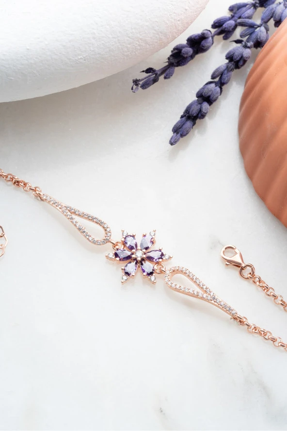 925 Ayar Gümüş Rose Mor Zirkon Taşlı Çiçek Kelepçe Model Bileklik