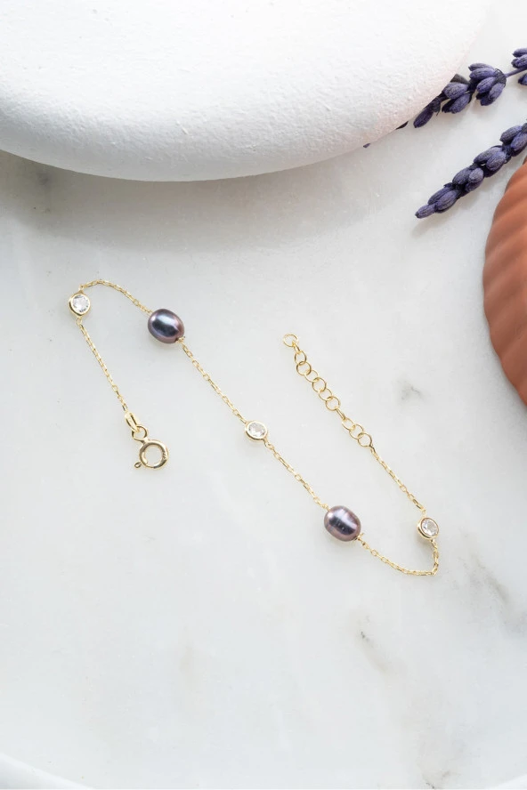 925 Ayar Gümüş Gold Barok İncili 3'Lü Tektaş Tasarım Bileklik ürün görseli