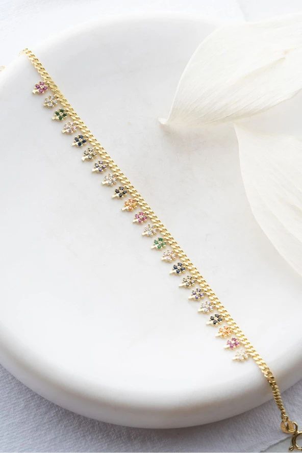 925 Ayar Gümüş Gold Renkli Yonca İnce Gurmet Zincir Bileklik ürün görseli