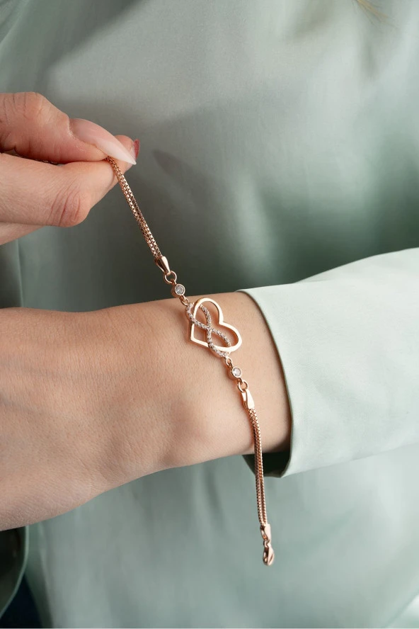 925 Ayar Gümüş Rose Kaplama Kalp Sonsuzluk Bileklik ürün görseli