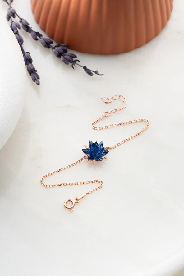 925 Ayar Gümüş Mavi Taşlı Lotus Çiçeği Bileklik ürün görseli