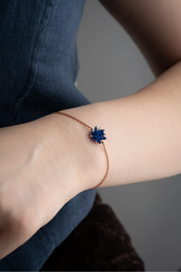 925 Ayar Gümüş Mavi Taşlı Lotus Çiçeği Bileklik - Resim 2