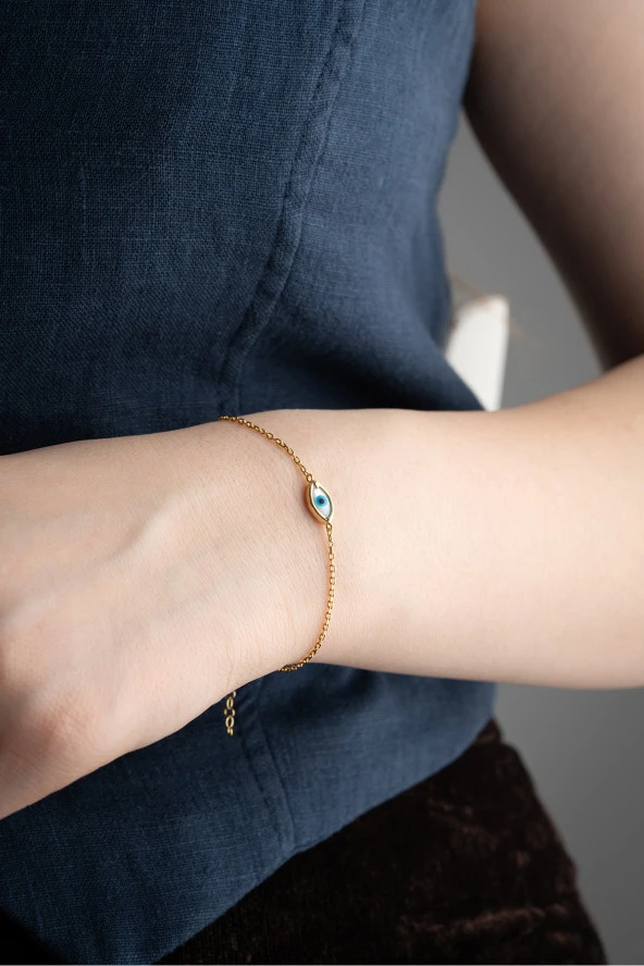 925 Ayar Gümüş Minimal Gold Kaplama Nazar Göz Bileklik ürün görseli