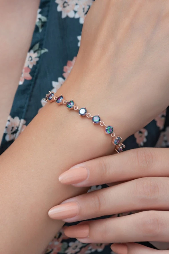 925 Ayar Sıralı Mistik Topaz Taşlı Kadın Gümüş Bileklik ürün görseli