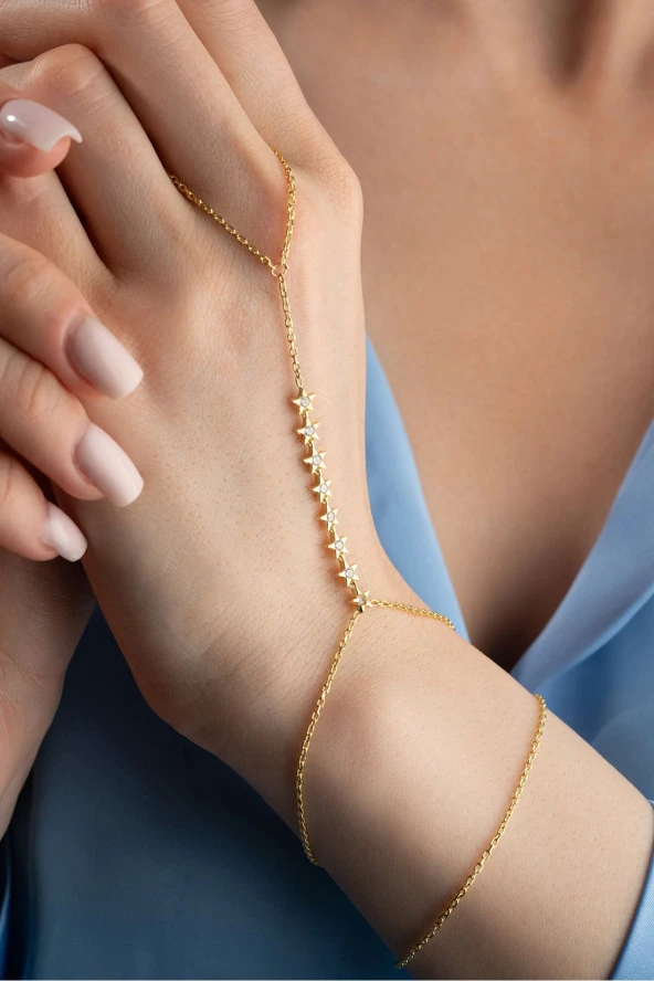 925 Ayar Gümüş Gold Kaplama Sıralı Samanyolu Yıldız Şahmeran Bileklik ürün görseli