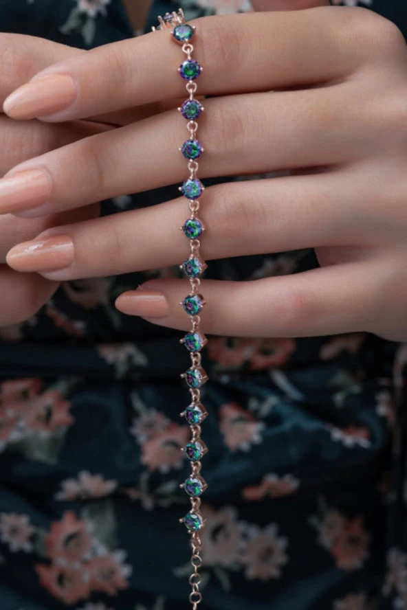 925 Ayar Sıralı Mistik Topaz Taşlı Kadın Gümüş Bileklik - Resim 2