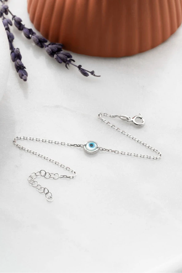 925 Ayar Gümüş Minimal Rodyum Kaplama Nazar Göz Bileklik - Resim 2