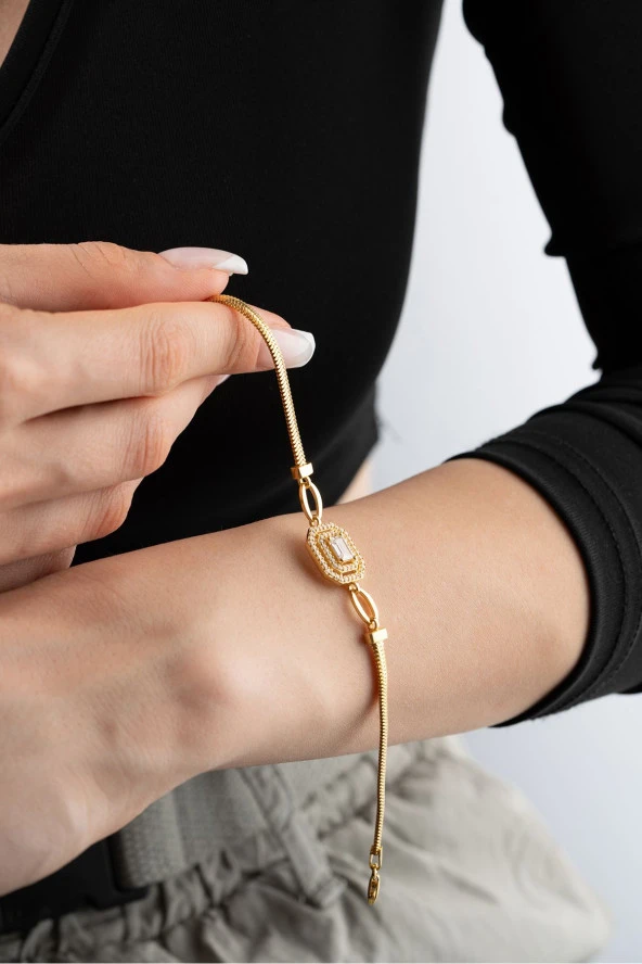 925 Ayar Gümüş Gold Kaplama Balık Sırtı Zincirli Baget Tektaş  Bileklik ürün görseli