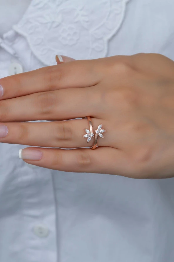 925 Ayar Ayarlanabilir Zirkon Taşlı Çiçek Model Gümüş Yüzük - 1