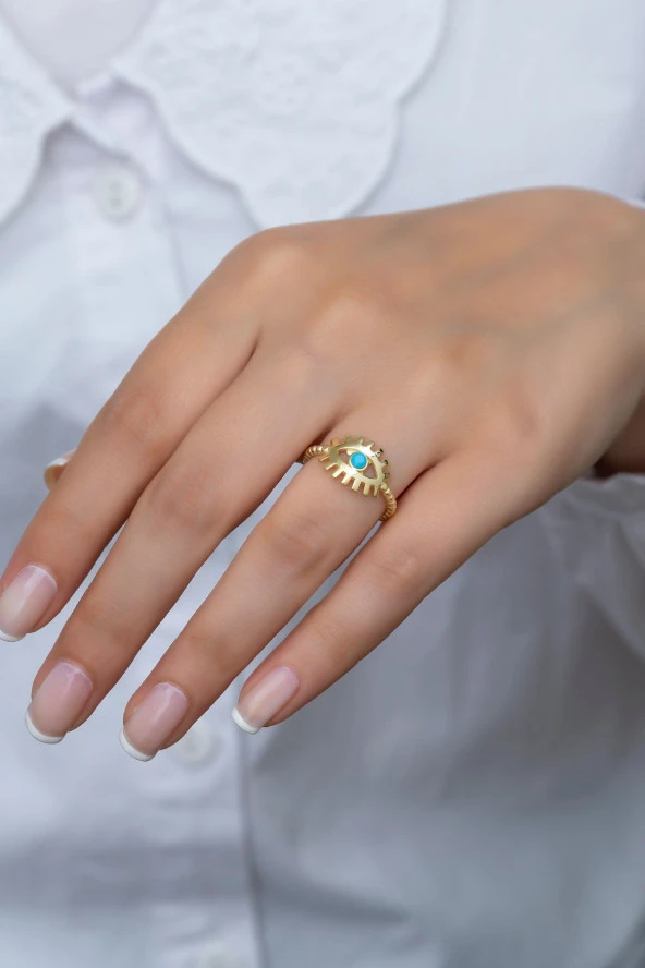 925 Ayar Ayarlanabilir Gold Opal Taşlı Göz Gümüş Yüzük - 2