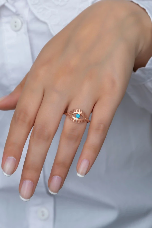 925 Ayar Ayarlanabilir Rose Opal Taşlı Göz Gümüş Yüzük - 1