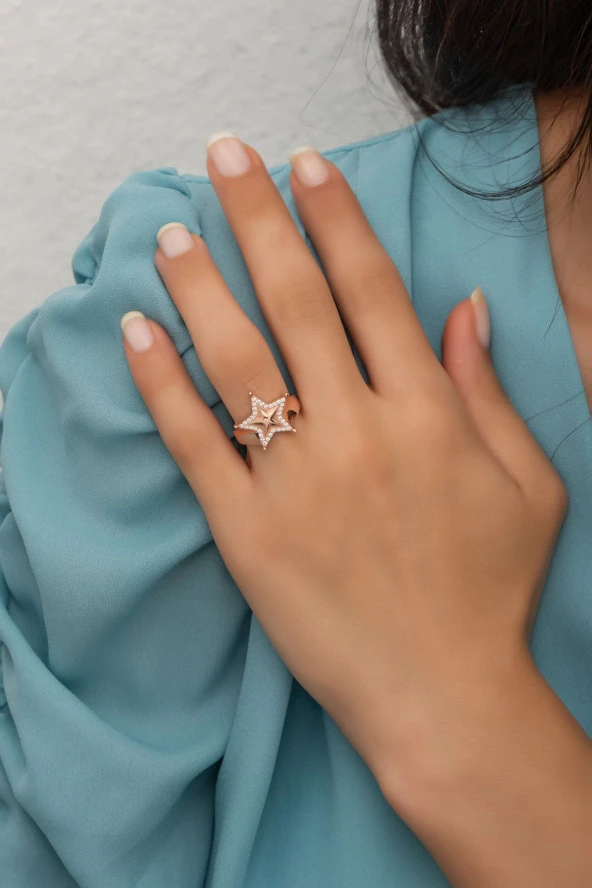 925 Ayar Ayarlanabilir Rose Zirkon Taşlı Yıldız Gümüş Yüzük - 2