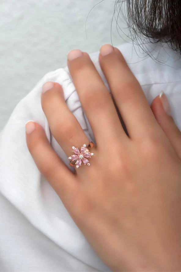 925 Ayar Gümüş Ayarlanabilir Pembe Taşlı Çiçek Yüzük - 1