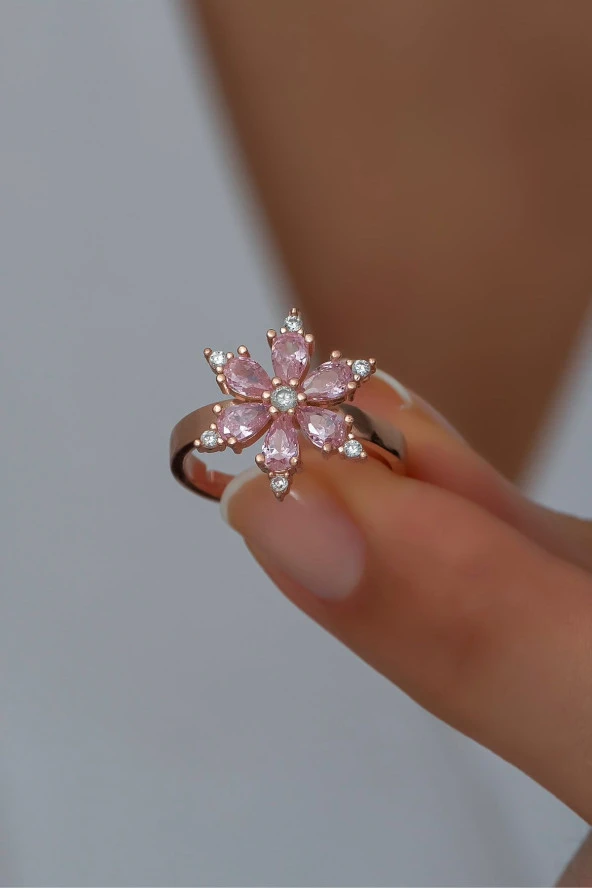 925 Ayar Gümüş Ayarlanabilir Pembe Taşlı Çiçek Yüzük - 2