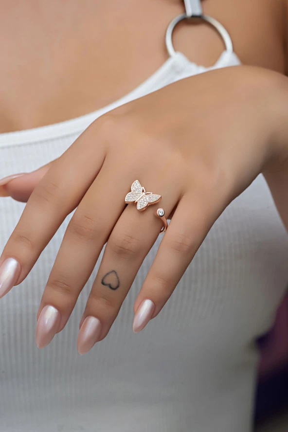 925 Ayar Gümüş Ayarlanabilir Rose Kelebek Yüzük - 1