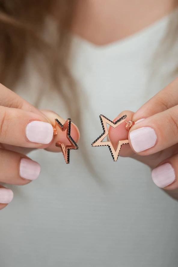 925 Ayar Siyah Taşlı Yıldız Küpe Kadın Gümüş Küpe ürün görseli