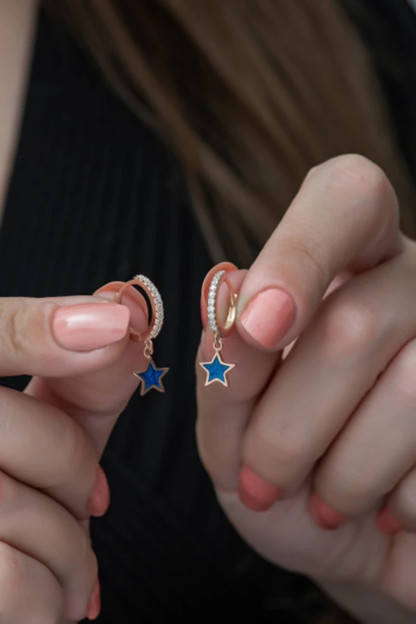 925 Ayar Mavi Mineli Yıldız Küpe Kadın Gümüş Küpe ürün görseli