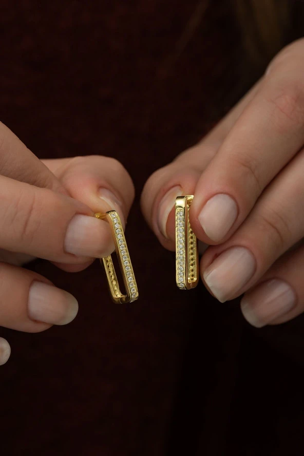925 Ayar Gold Dikdörtgen Küpe Kadın Gümüş Küpe ürün görseli