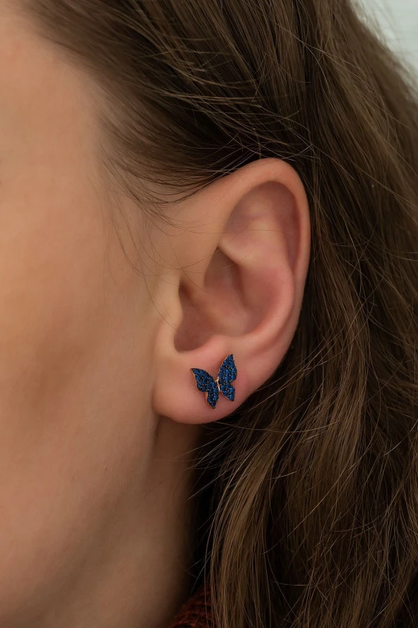 925 Ayar Minik Mavi Kelebek Küpe Kadın Gümüş Küpe ürün görseli