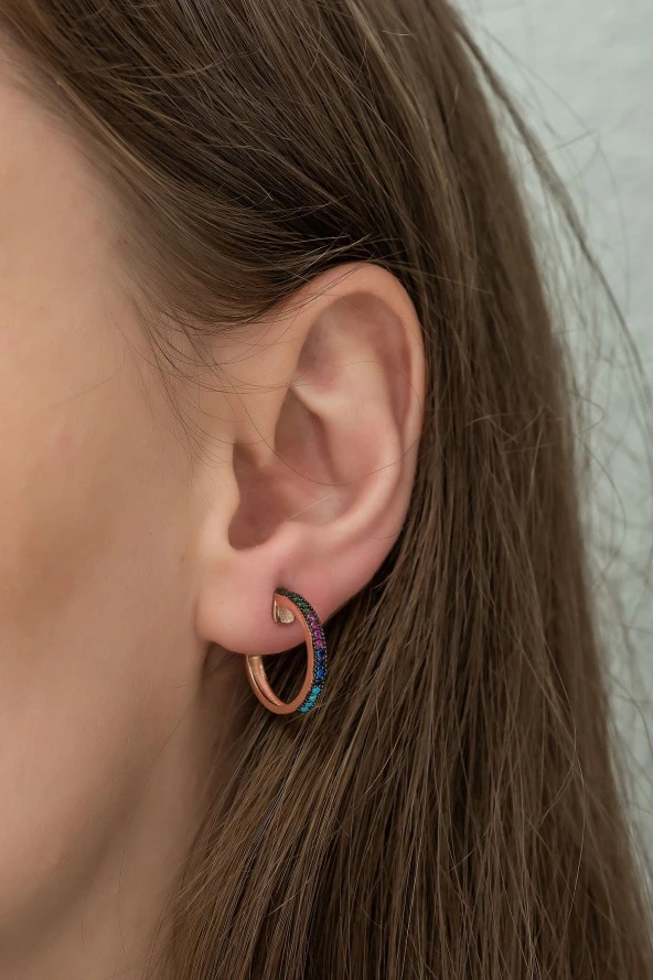 925 Ayar Yarımtur Mix Taşlı  Küpe Kadın Gümüş Küpe ürün görseli