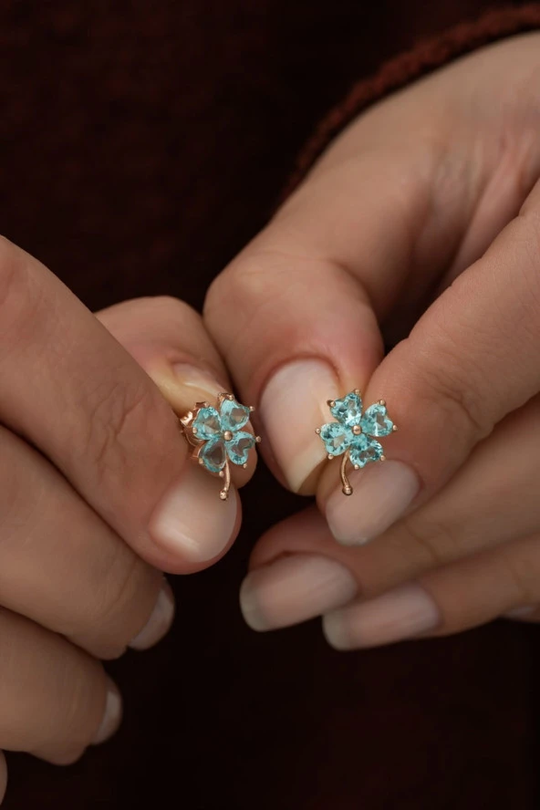 925 Ayar Aquamarin Taşlı Yonca Küpe Kadın Gümüş Küpe ürün görseli