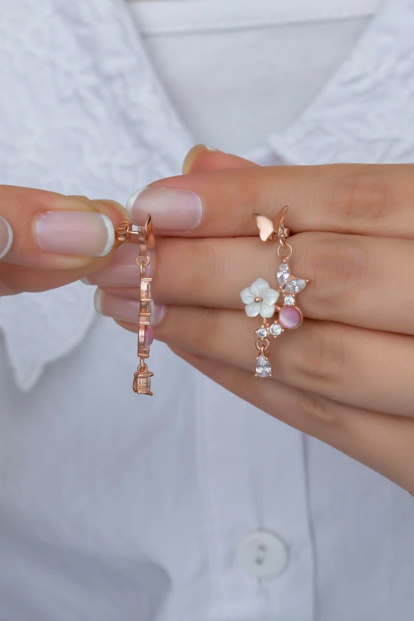 925 Ayar Gümüş Pembe Taşlı Kelebek Manolya Çiçeği Küpe ürün görseli