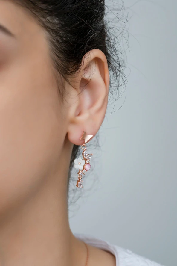 925 Ayar Gümüş Pembe Taşlı Kelebek Manolya Çiçeği Küpe - Resim 2