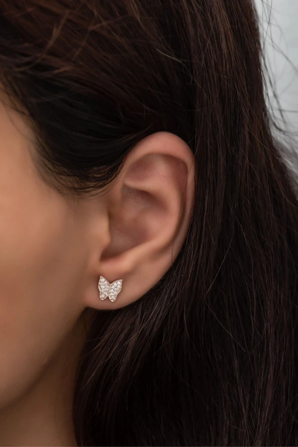 925 Ayar Gümüş Minik Rose Zirkon Taşlı Kelebek Küpe ürün görseli