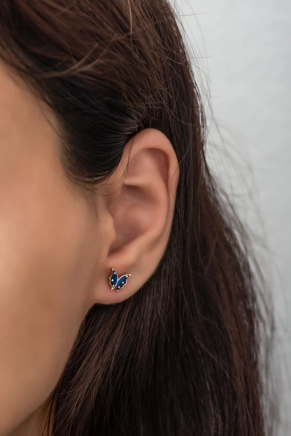 925 Ayar Gümüş Minik Mavi Mineli Kelebek Küpe ürün görseli