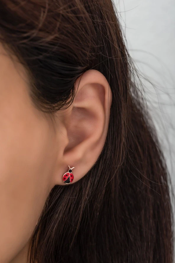 925 Ayar Gümüş Minik Mineli Uğur Böceği Küpe ürün görseli