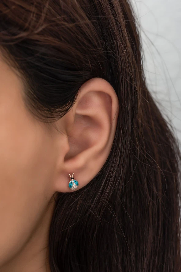 925 Ayar Gümüş Minik Turkuaz Uğur Böceği Küpe - Resim 2