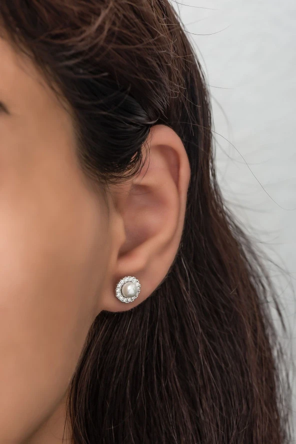 925 Ayar Gümüş Tektaş İnci Küpe ürün görseli