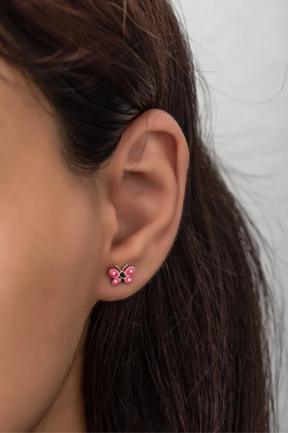 925 Ayar Gümüş Minik Pembe Mineli Kelebek Küpe ürün görseli