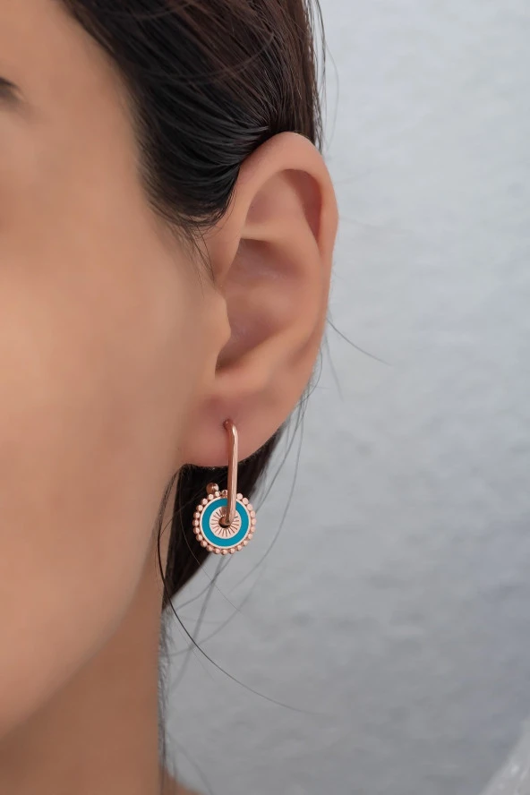 925 Ayar Gümüş Turkuaz Mineli Daire Tasarım Küpe ürün görseli