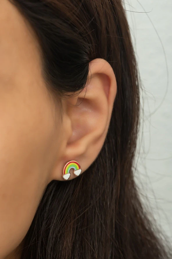 925 Ayar Gümüş Minimal Mineli Gökkuşağı Küpe ürün görseli