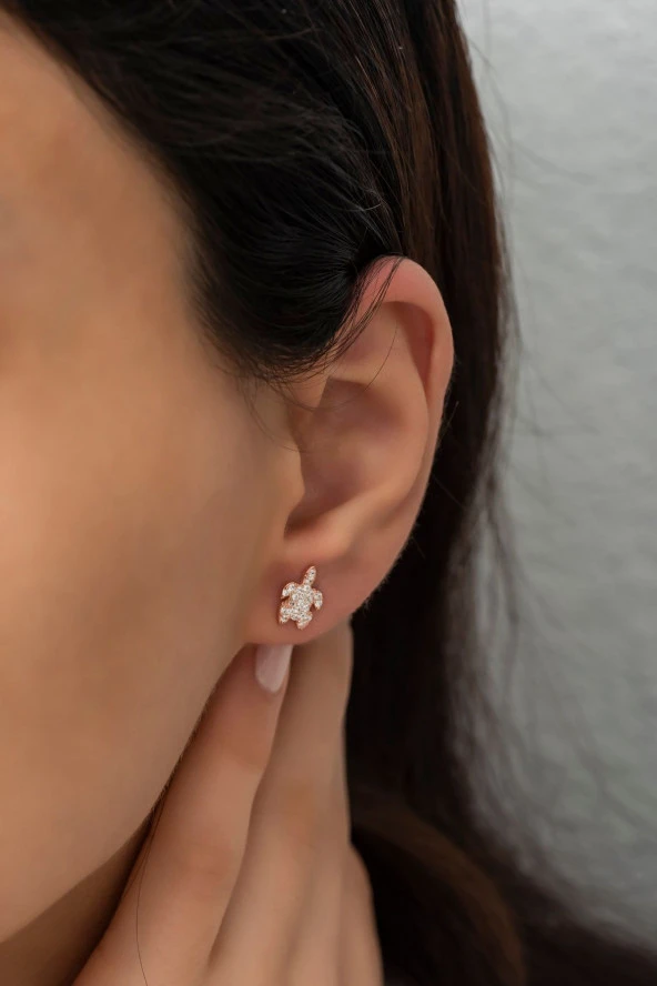 925 Ayar Gümüş Minik Kaplumbağa Küpe - Resim 2