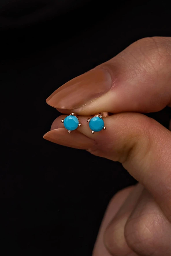 925 Ayar Gümüş Rose 4 mm Turkuaz Taşlı Tektaş Küpe ürün görseli