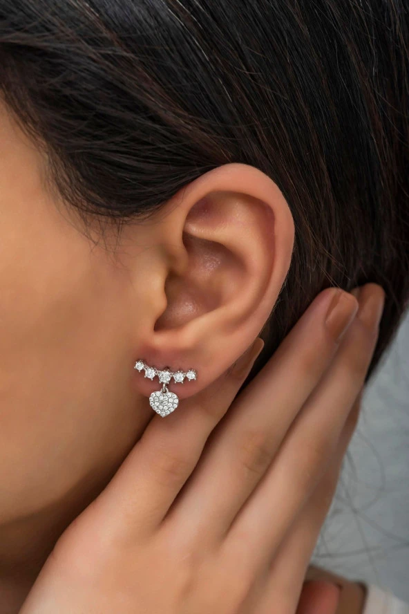 925 Ayar Gümüş  Beş Taşlı Sallantılı Kalp Küpe ürün görseli