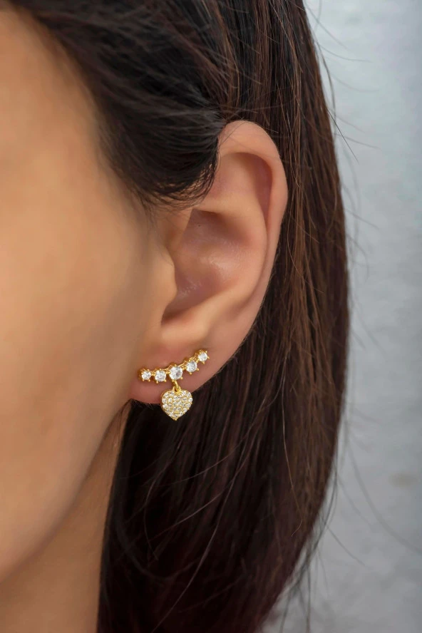 925 Ayar Gümüş Gold Beş Taşlı Sallantılı Kalp Küpe ürün görseli